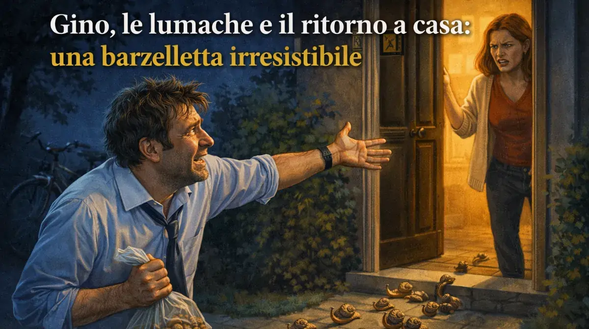Barzelletta di un uomo davanti alla porta di casa con un sacchetto di lumache in una scena comica
