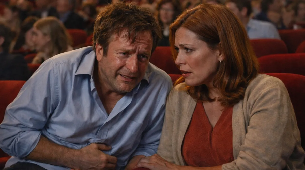 Barzelletta divertente marito seduto a teatro durante una commedia mentre accade una scena comica e imbarazzante a teatro con la moglia