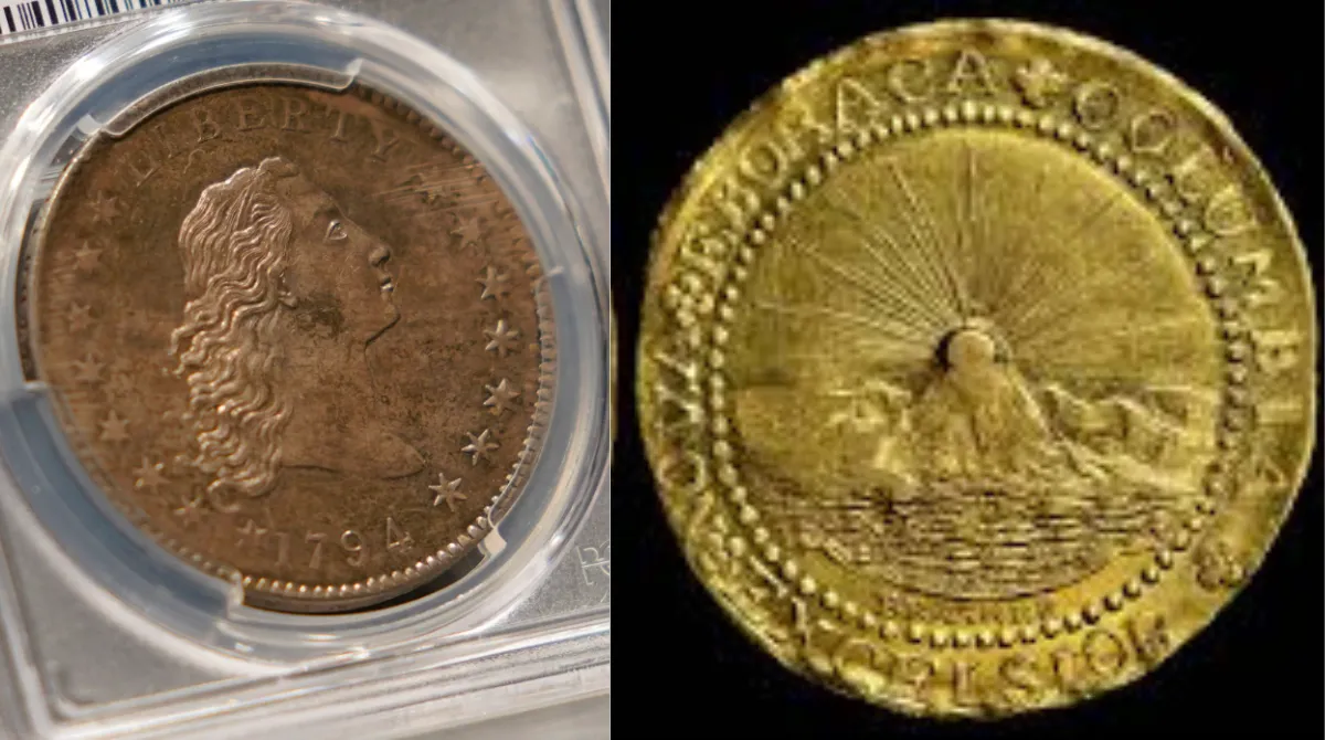 Flowing Hair Silver Dollar vs Brasher Doubloon